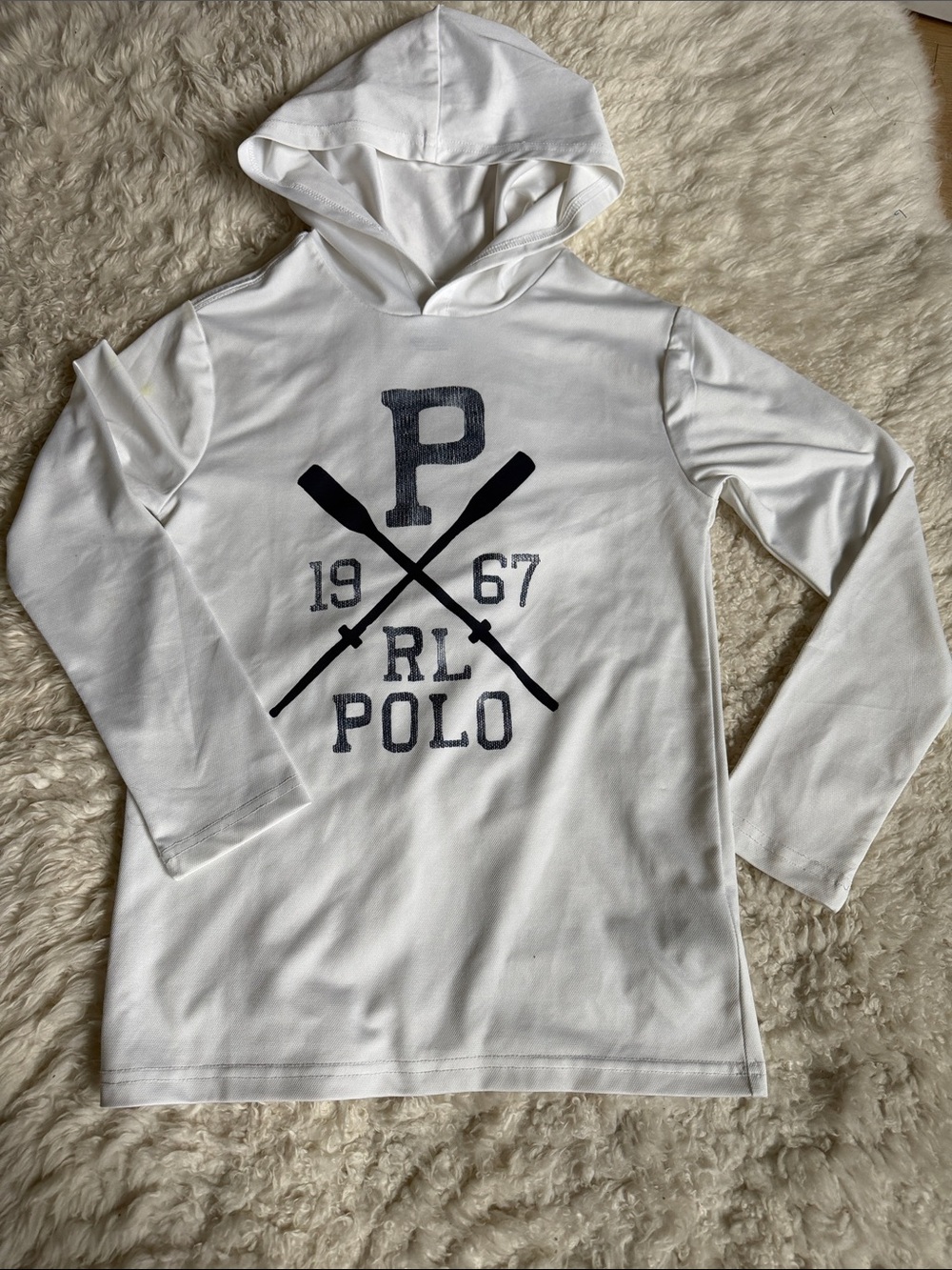 Ralph Lauren Kids Loose Cut White Hooded Graphic Long Sleeve Performance Tee